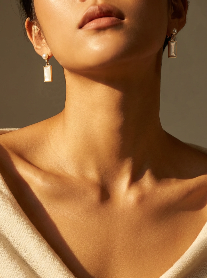 Minimal Rectangle Cream Gloss Drop Dangle Earrings With Tiny Round Stud Top For Quiet Luxury Everyday Wear