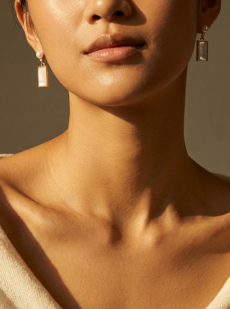 Minimal Rectangle Cream Gloss Drop Dangle Earrings With Tiny Round Stud Top For Quiet Luxury Everyday Wear