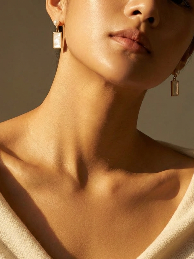 Minimal Rectangle Cream Gloss Drop Dangle Earrings With Tiny Round Stud Top For Quiet Luxury Everyday Wear