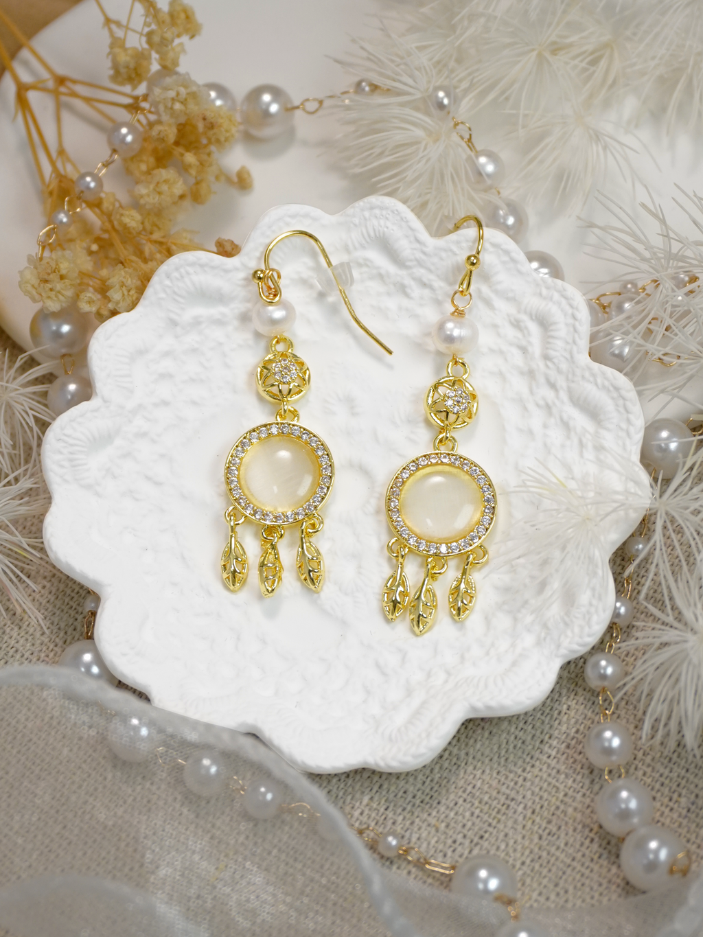Boho Dreamcatcher Cat’s Eye Pearl Jewelry Matching Set, Gold Leaf Tassel Earrings & Necklace