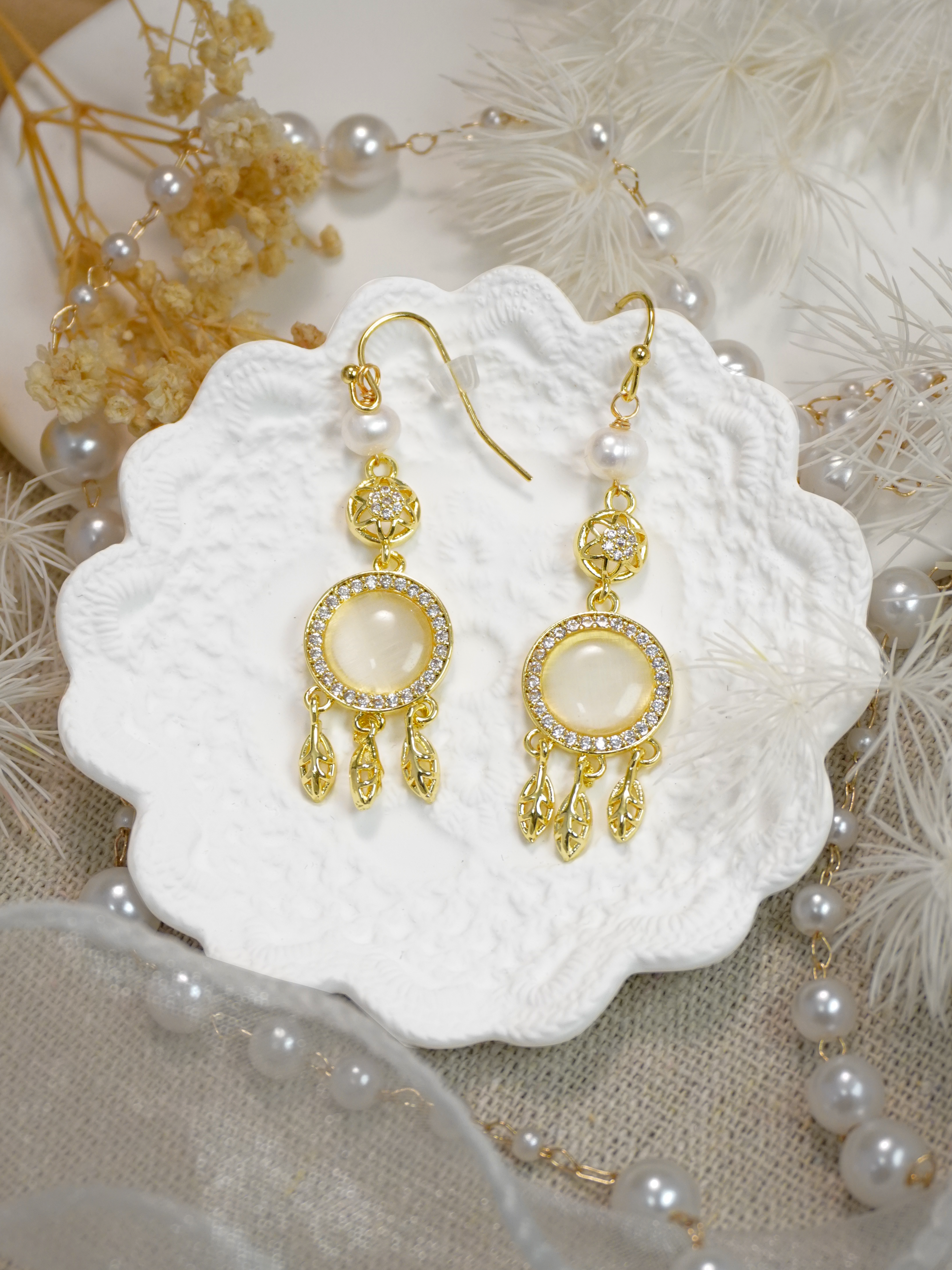 Boho Dreamcatcher Cat’s Eye Pearl Jewelry Matching Set, Gold Leaf Tassel Earrings & Necklace