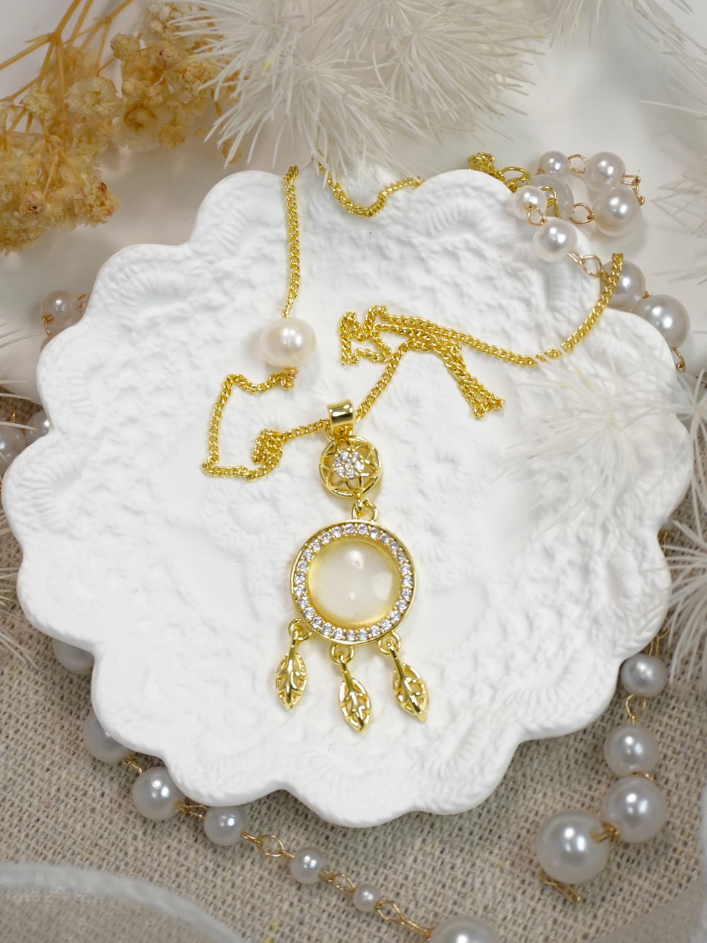Boho Dreamcatcher Cat’s Eye Pearl Jewelry Matching Set, Gold Leaf Tassel Earrings & Necklace