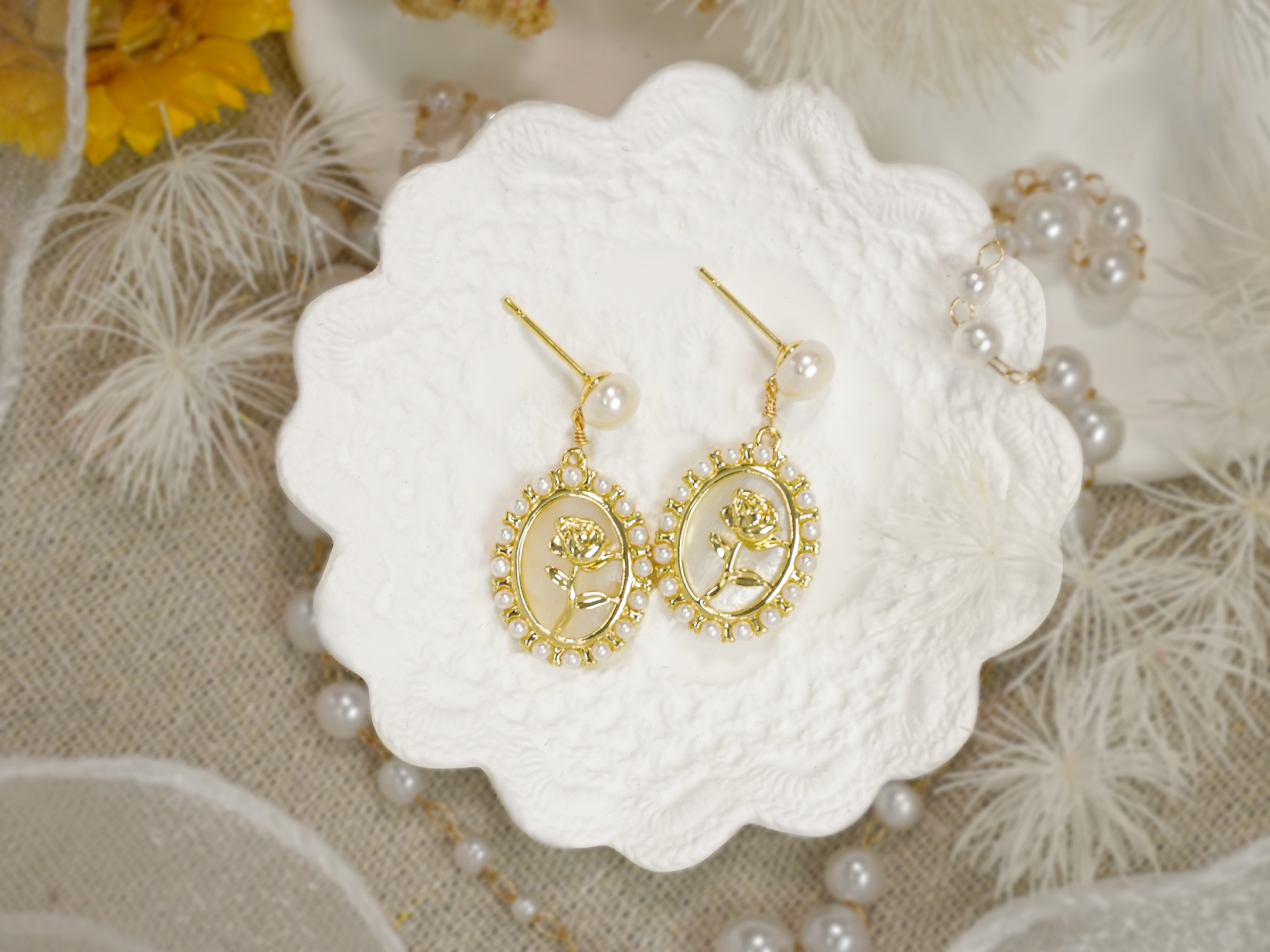 Romantic Rose Cameo Pearl Matching Jewelry Set for Elegant Daily & Date Outfits