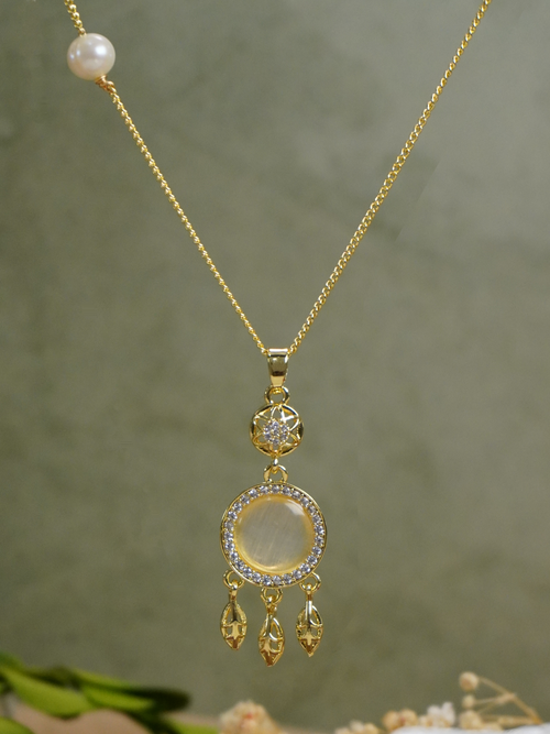 Boho Dreamcatcher Cat’s Eye Pearl Jewelry Matching Set, Gold Leaf Tassel Earrings & Necklace