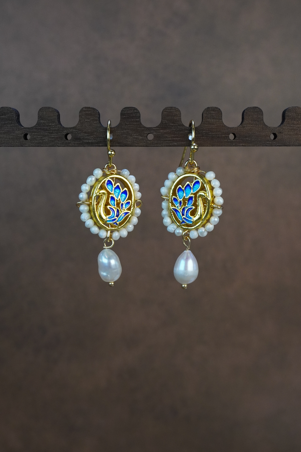 Vintage Blue Enamel Swan Pearl Matching Jewelry Set, Victorian Cameo Drop Earrings & Pendant Necklace