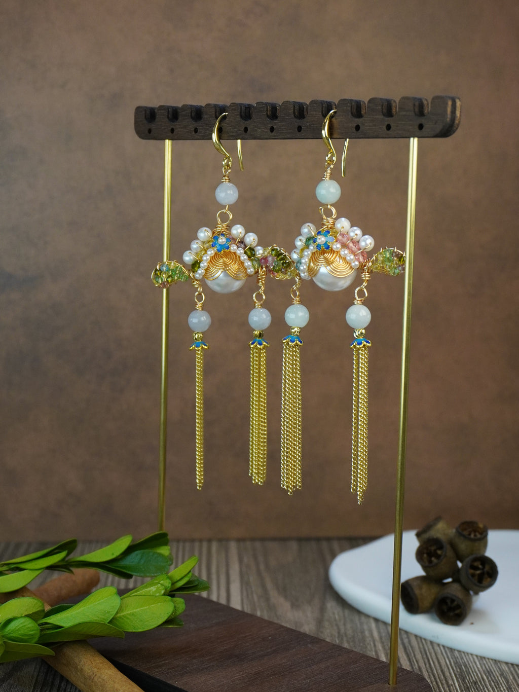 Antique Inspired Traditional Chinese Opera Headpiece Style Dual Long Tassel Drop Elegant Statement Earrings