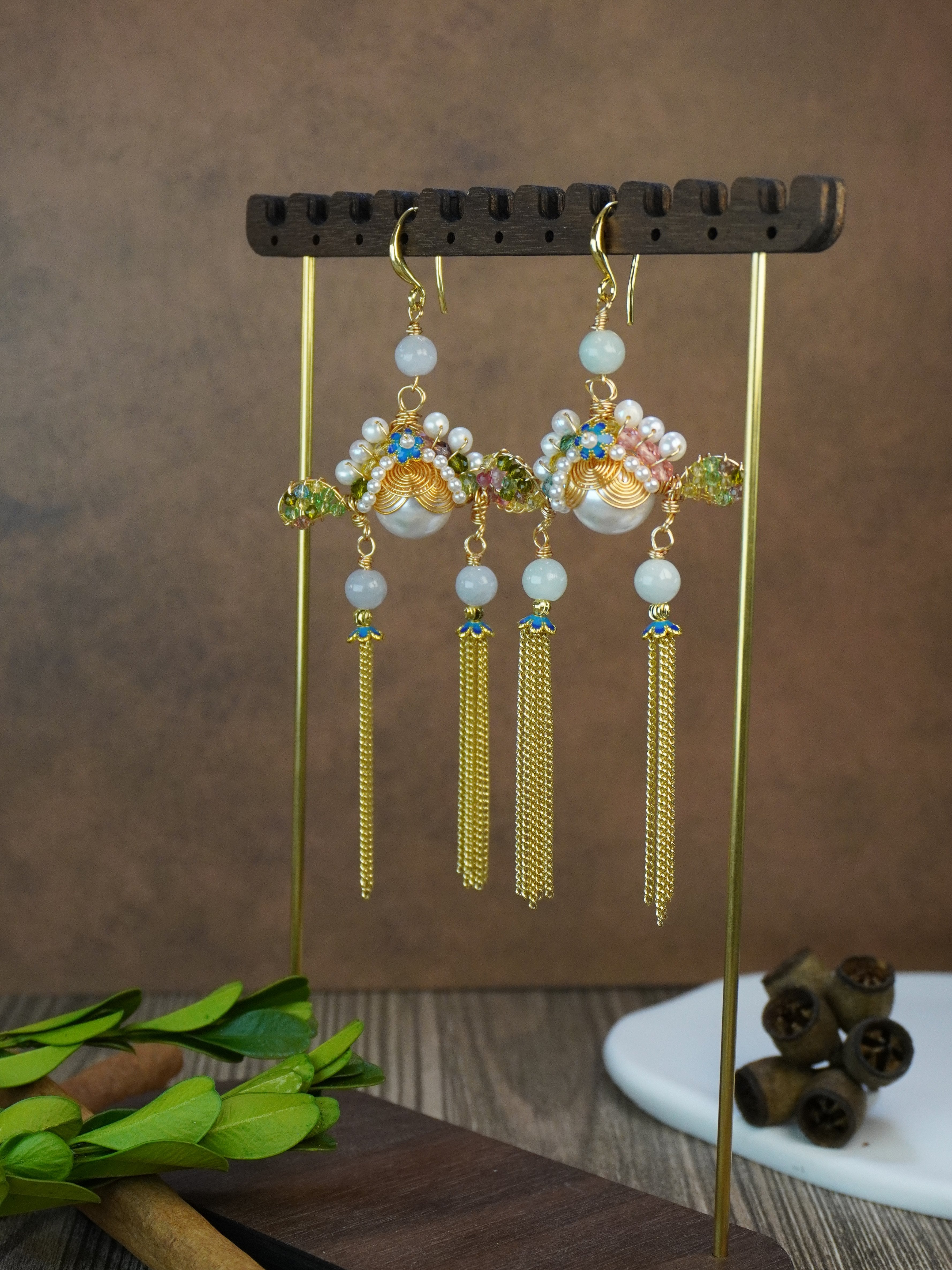 Antique Inspired Traditional Chinese Opera Headpiece Style Dual Long Tassel Drop Elegant Statement Earrings