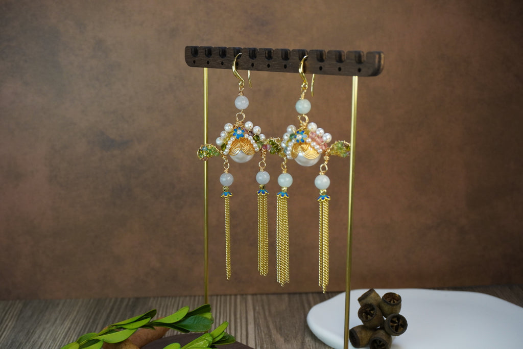 Antique Inspired Traditional Chinese Opera Headpiece Style Dual Long Tassel Drop Elegant Statement Earrings