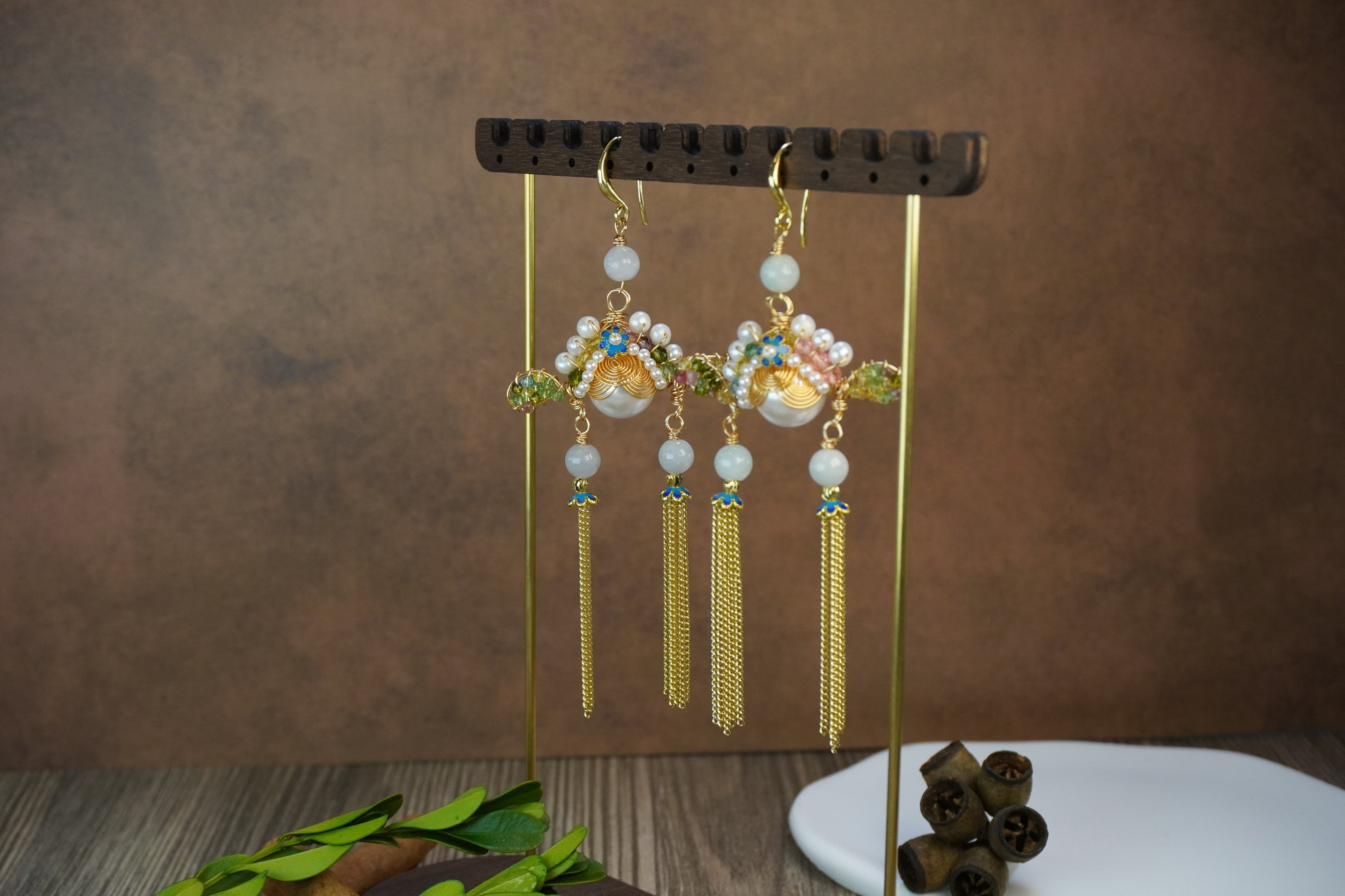 Antique Inspired Traditional Chinese Opera Headpiece Style Dual Long Tassel Drop Elegant Statement Earrings