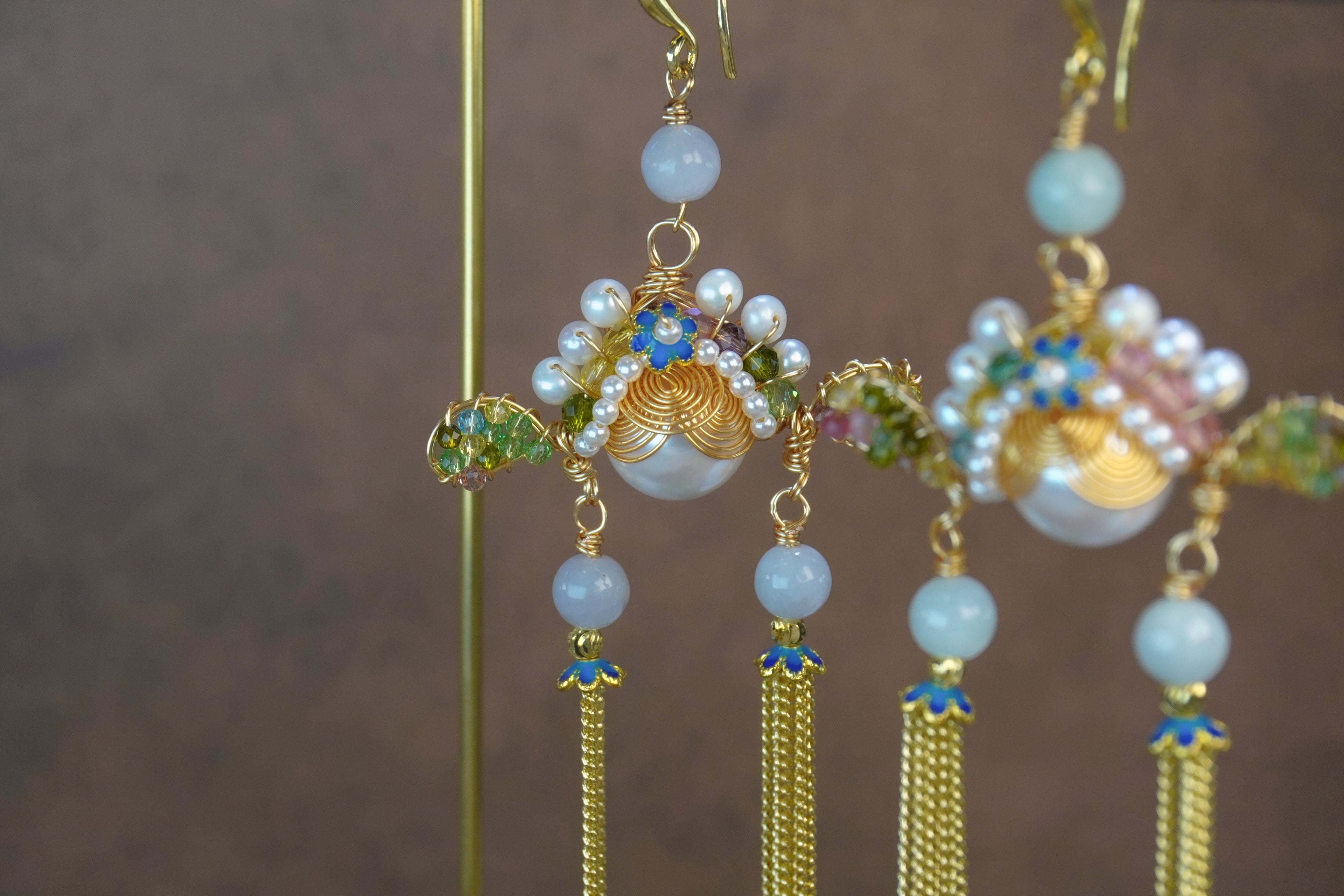 Antique Inspired Traditional Chinese Opera Headpiece Style Dual Long Tassel Drop Elegant Statement Earrings