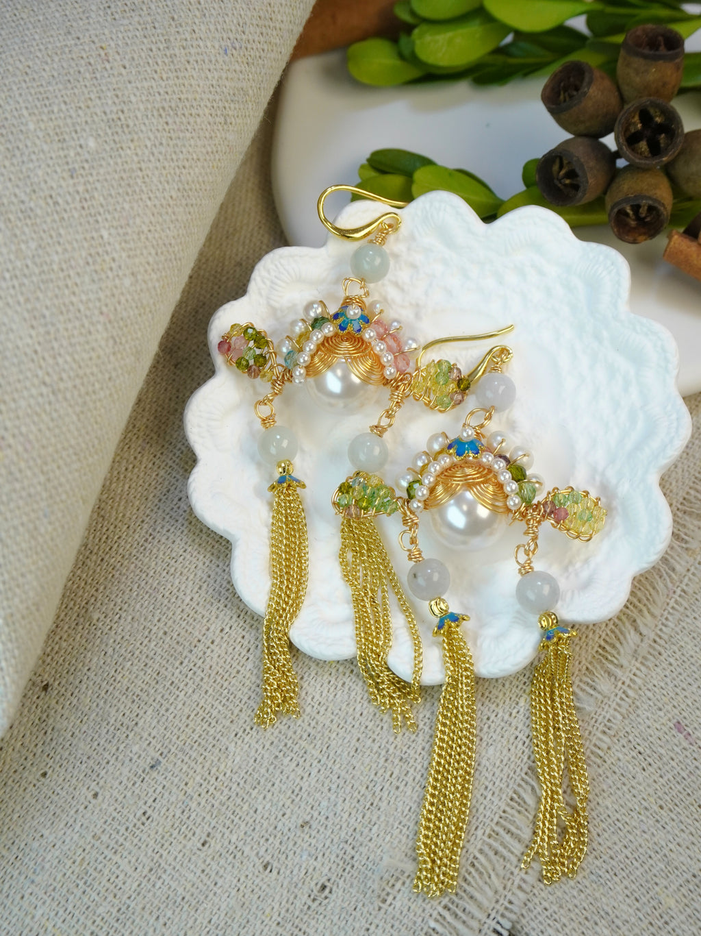 Antique Inspired Traditional Chinese Opera Headpiece Style Dual Long Tassel Drop Elegant Statement Earrings