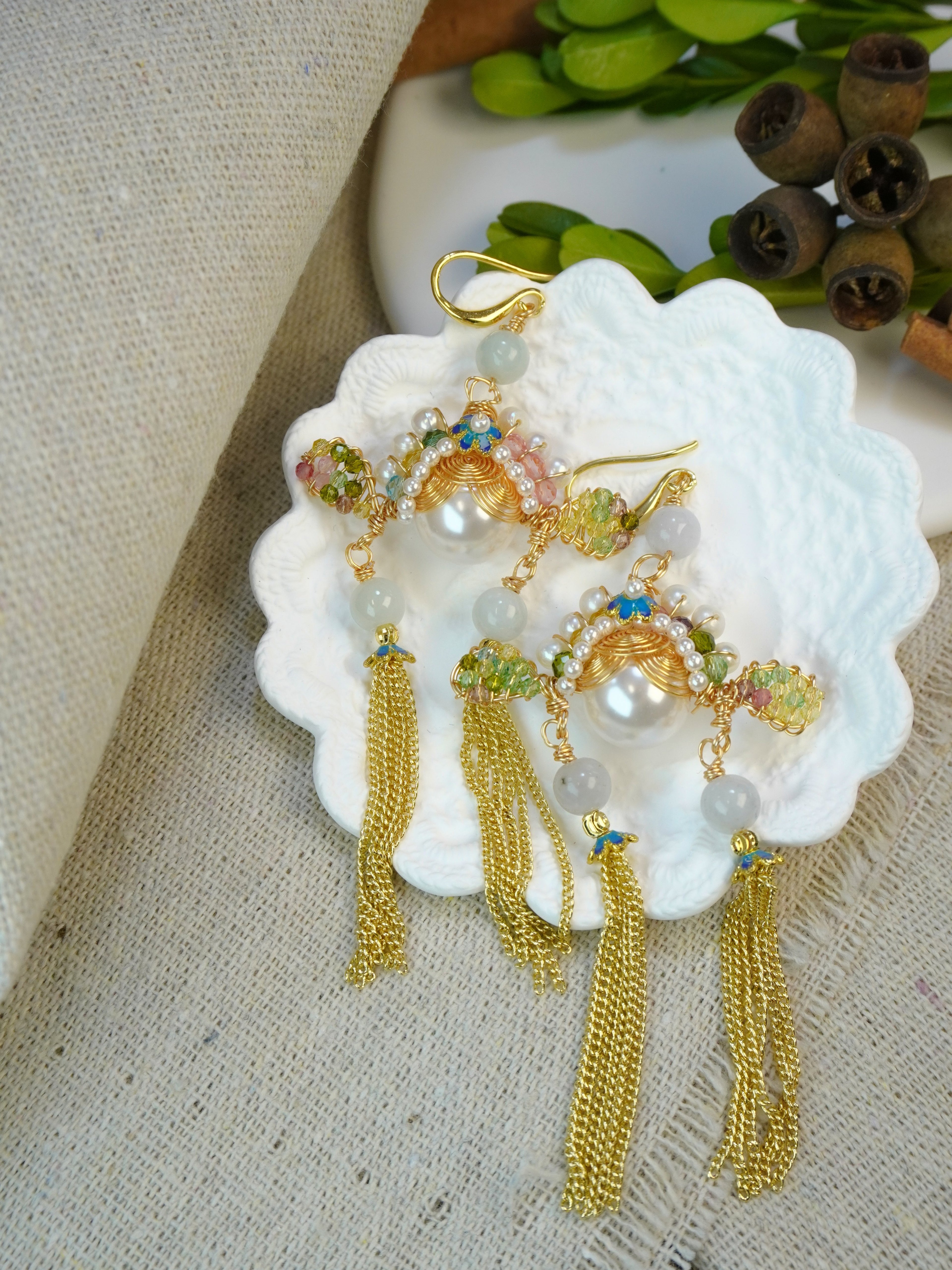 Antique Inspired Traditional Chinese Opera Headpiece Style Dual Long Tassel Drop Elegant Statement Earrings