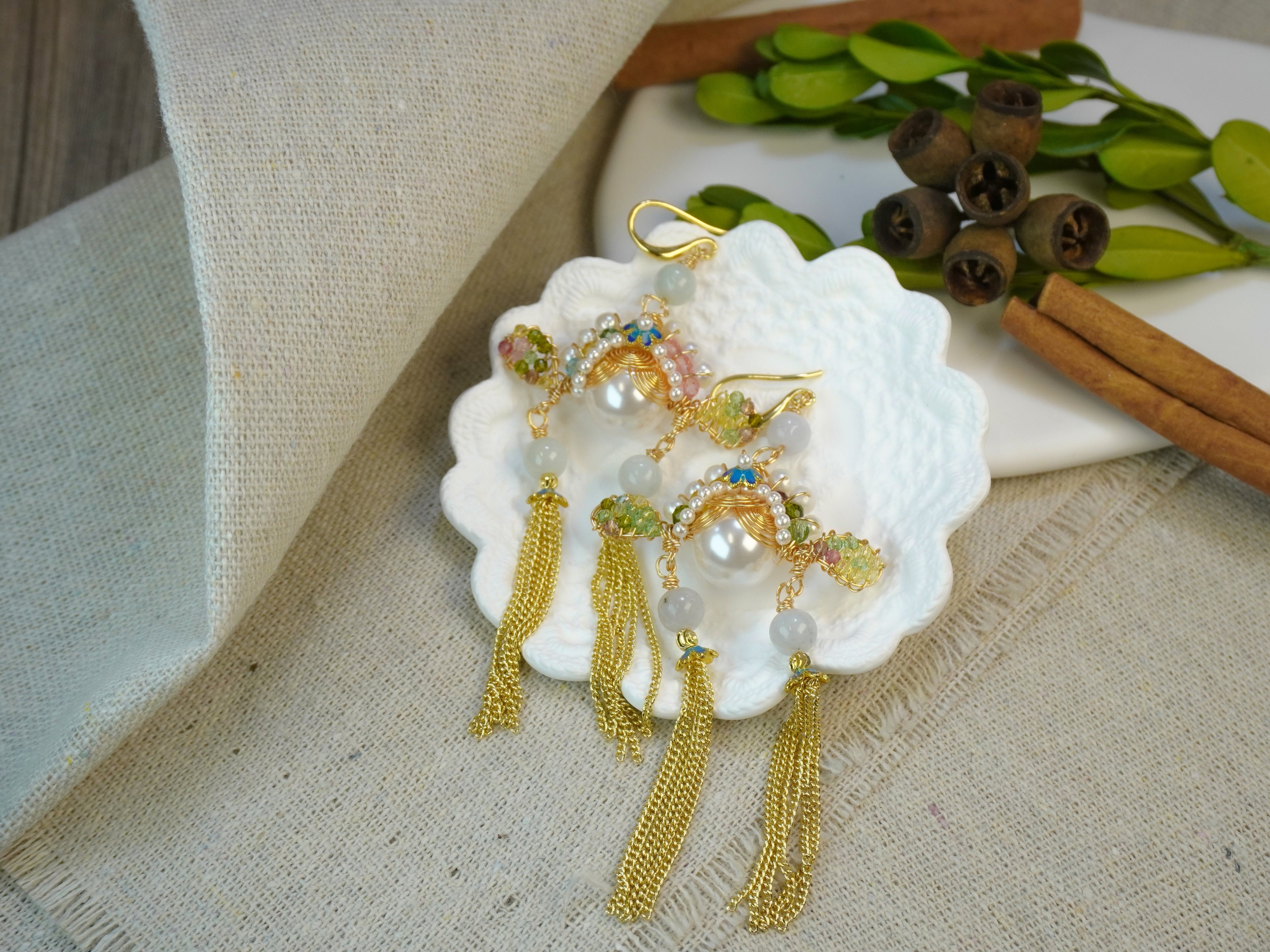Antique Inspired Traditional Chinese Opera Headpiece Style Dual Long Tassel Drop Elegant Statement Earrings