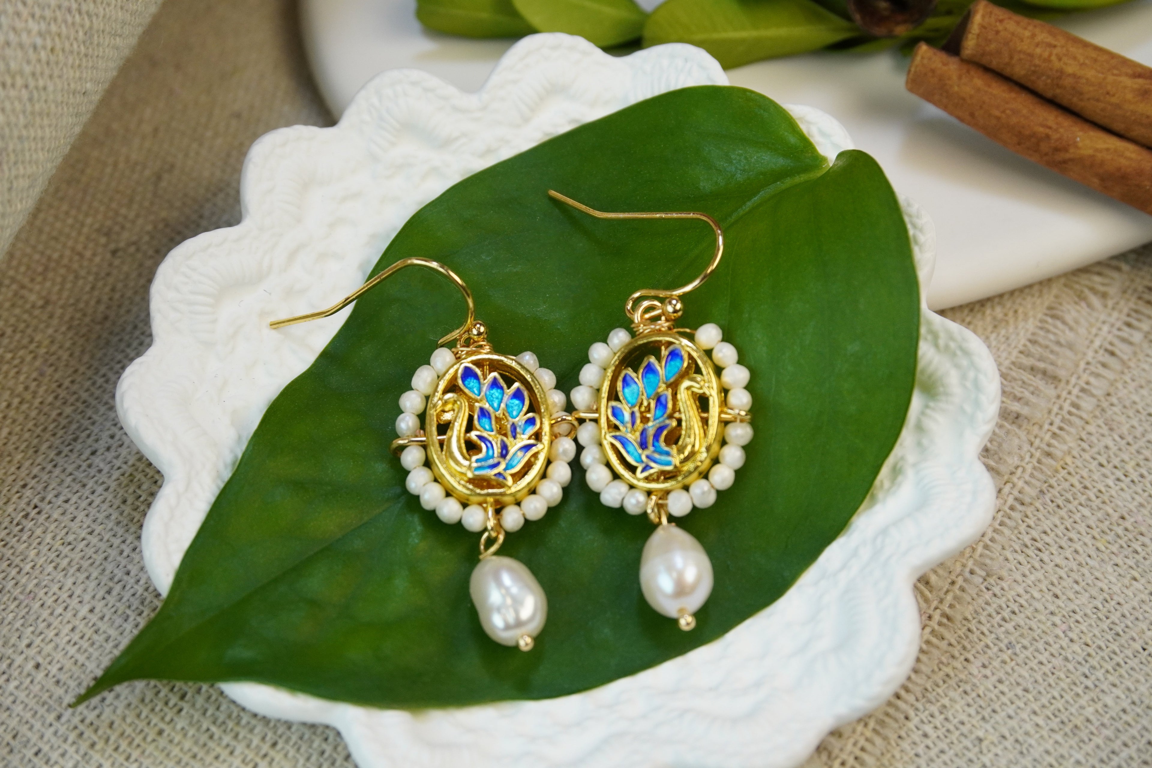 Vintage Blue Enamel Swan Pearl Matching Jewelry Set, Victorian Cameo Drop Earrings & Pendant Necklace
