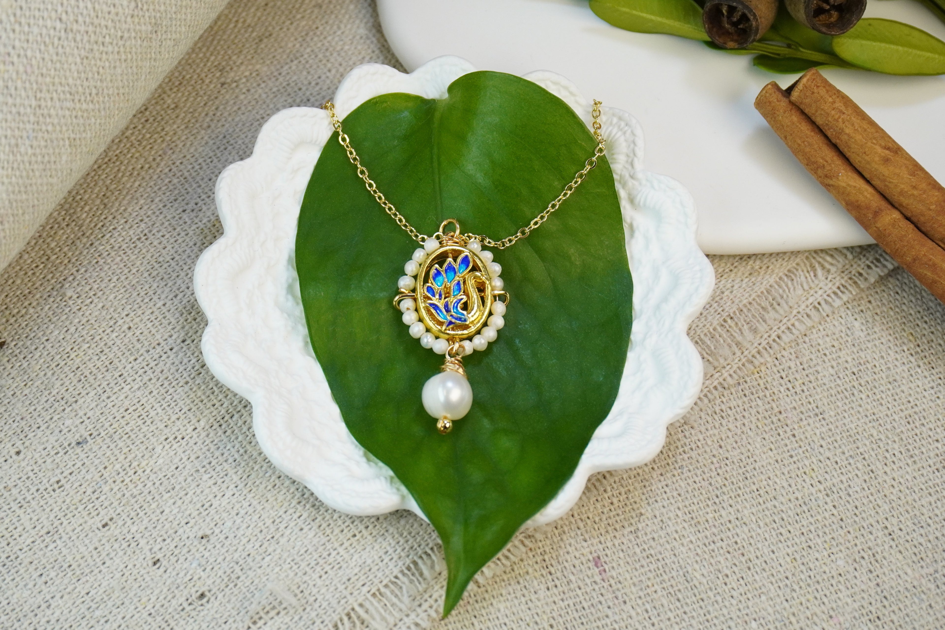 Vintage Blue Enamel Swan Pearl Matching Jewelry Set, Victorian Cameo Drop Earrings & Pendant Necklace