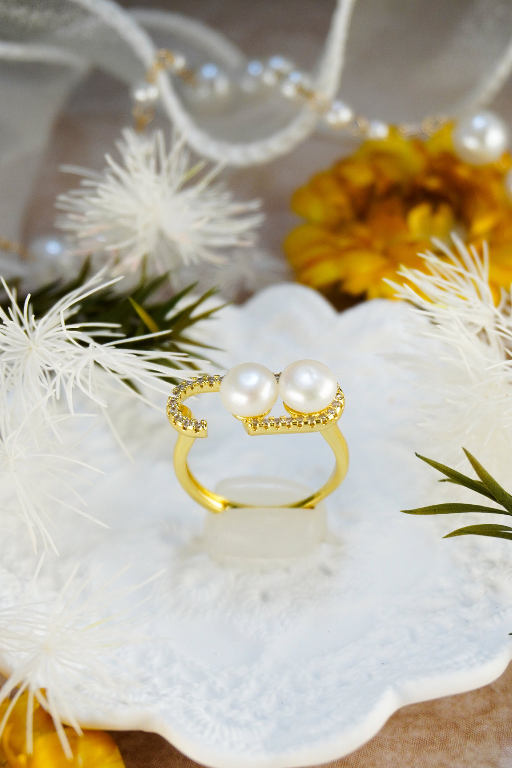 Open C-Shaped Double Gloss Orb Statement Wrap Ring With Sparkling Border Trim For Elegant Daily & Date Stack Styling
