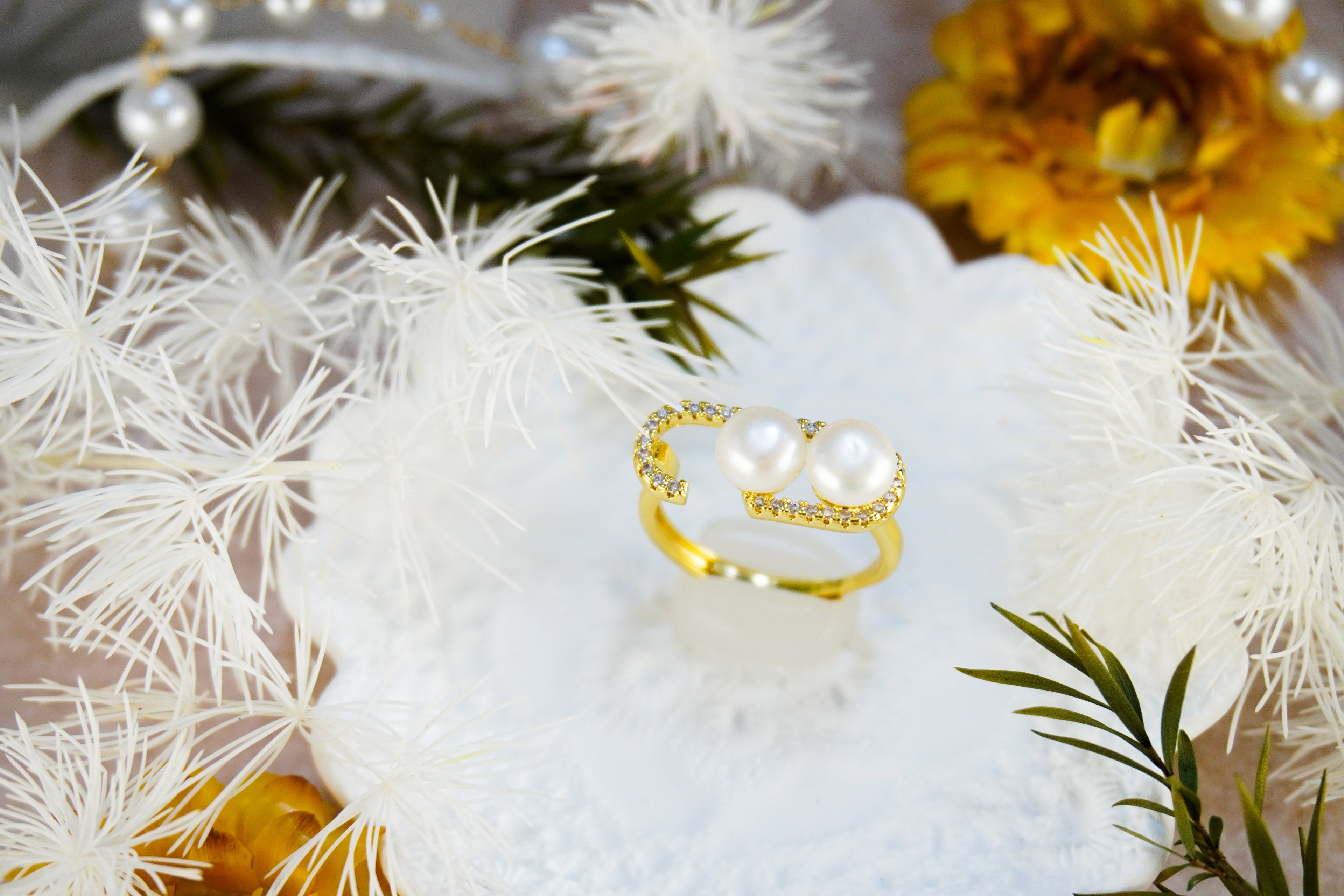 Open C-Shaped Double Gloss Orb Statement Wrap Ring With Sparkling Border Trim For Elegant Daily & Date Stack Styling