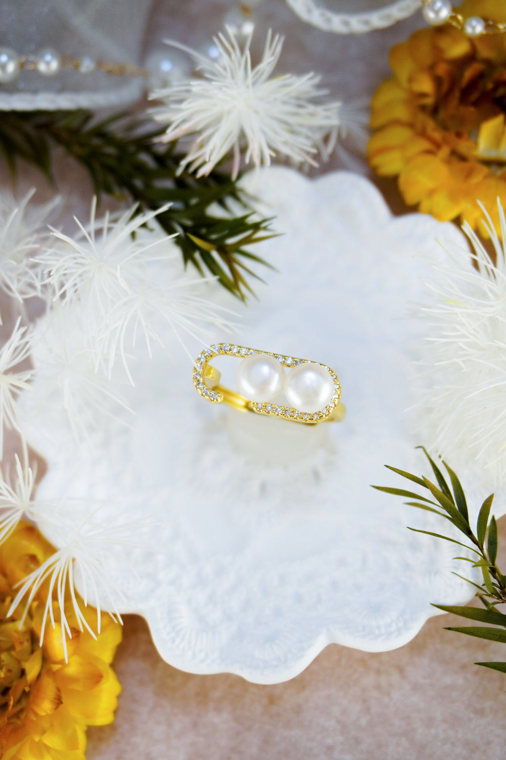 Open C-Shaped Double Gloss Orb Statement Wrap Ring With Sparkling Border Trim For Elegant Daily & Date Stack Styling