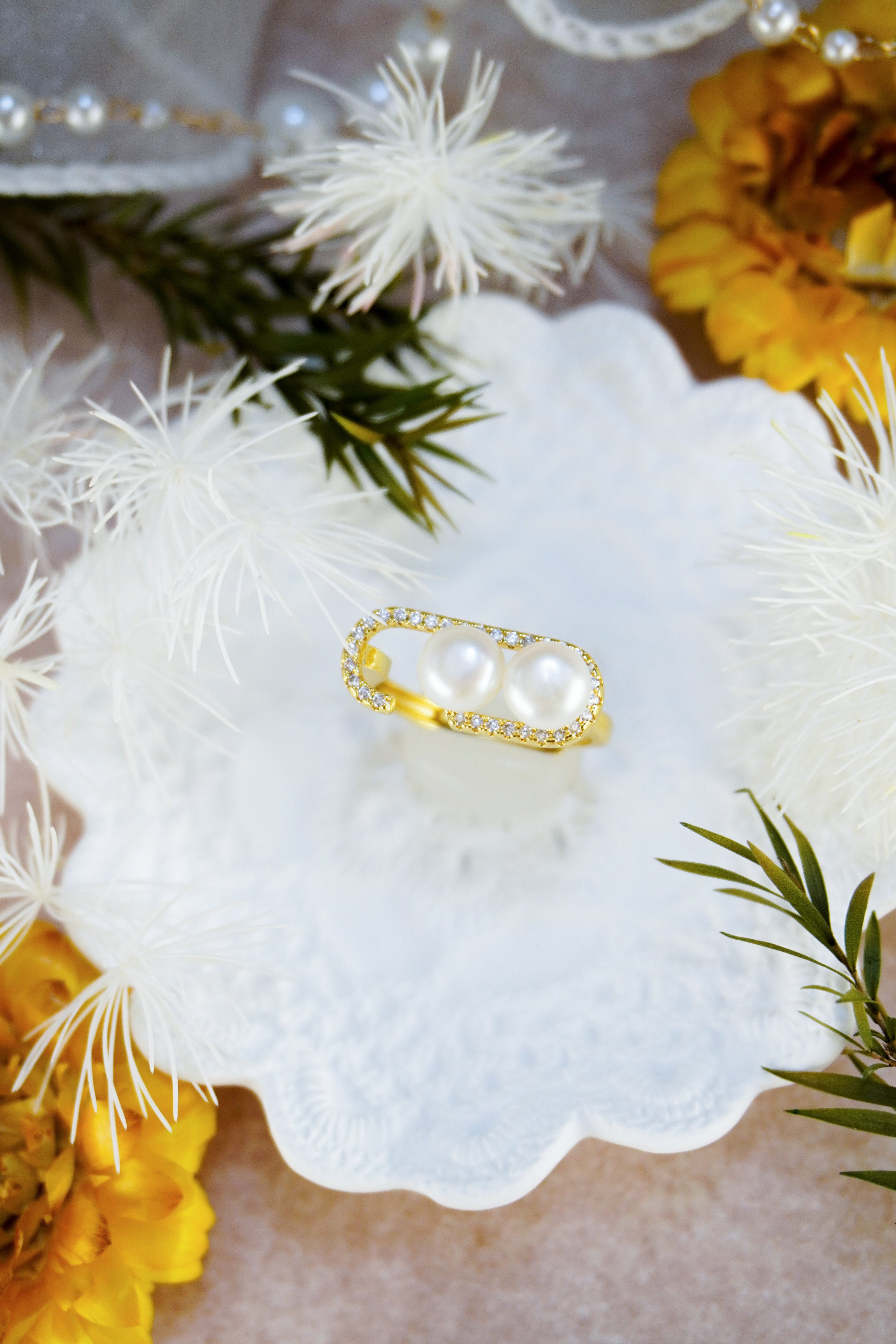 Open C-Shaped Double Gloss Orb Statement Wrap Ring With Sparkling Border Trim For Elegant Daily & Date Stack Styling