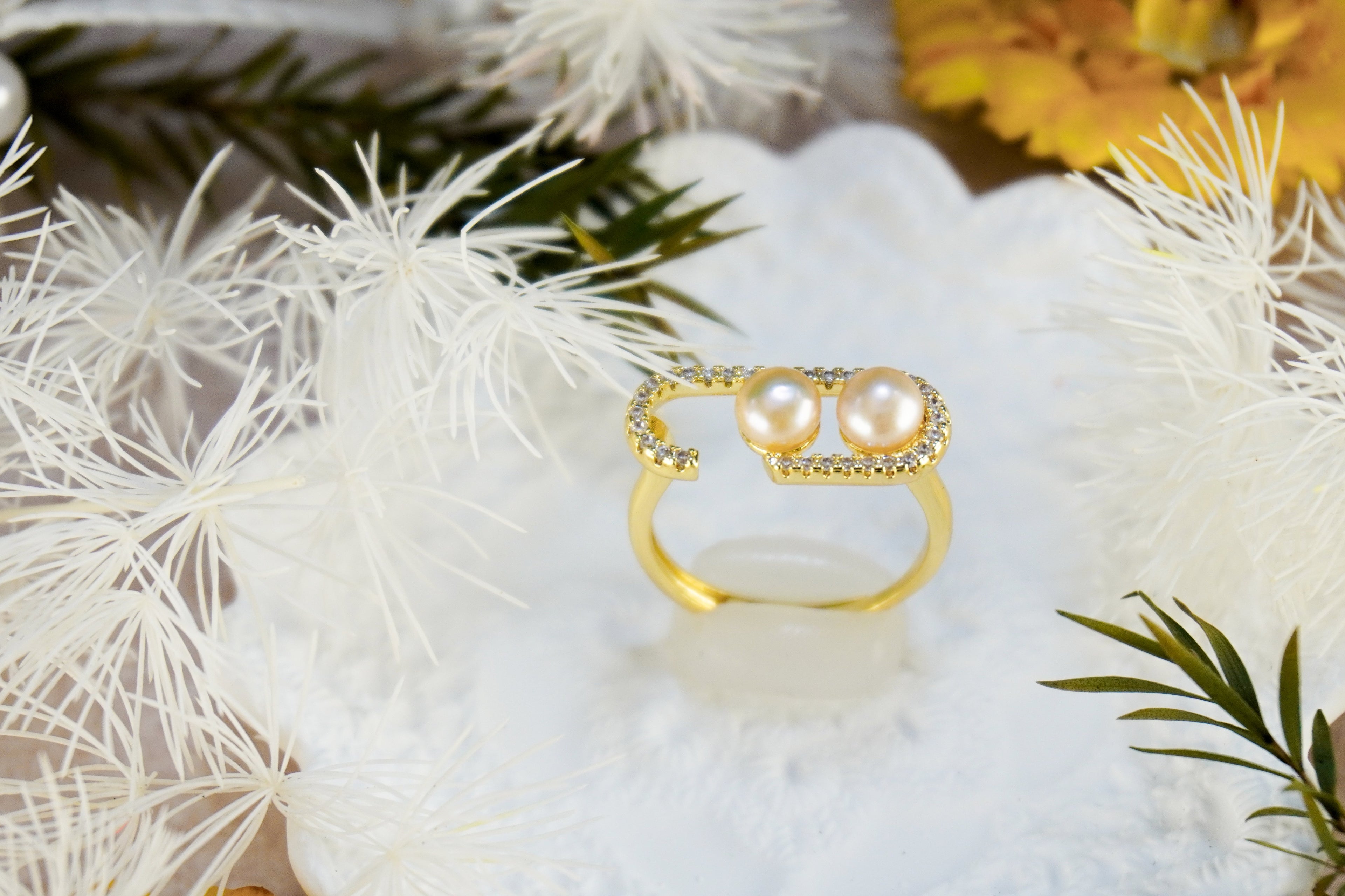 Open C-Shaped Double Gloss Orb Statement Wrap Ring With Sparkling Border Trim For Elegant Daily & Date Stack Styling