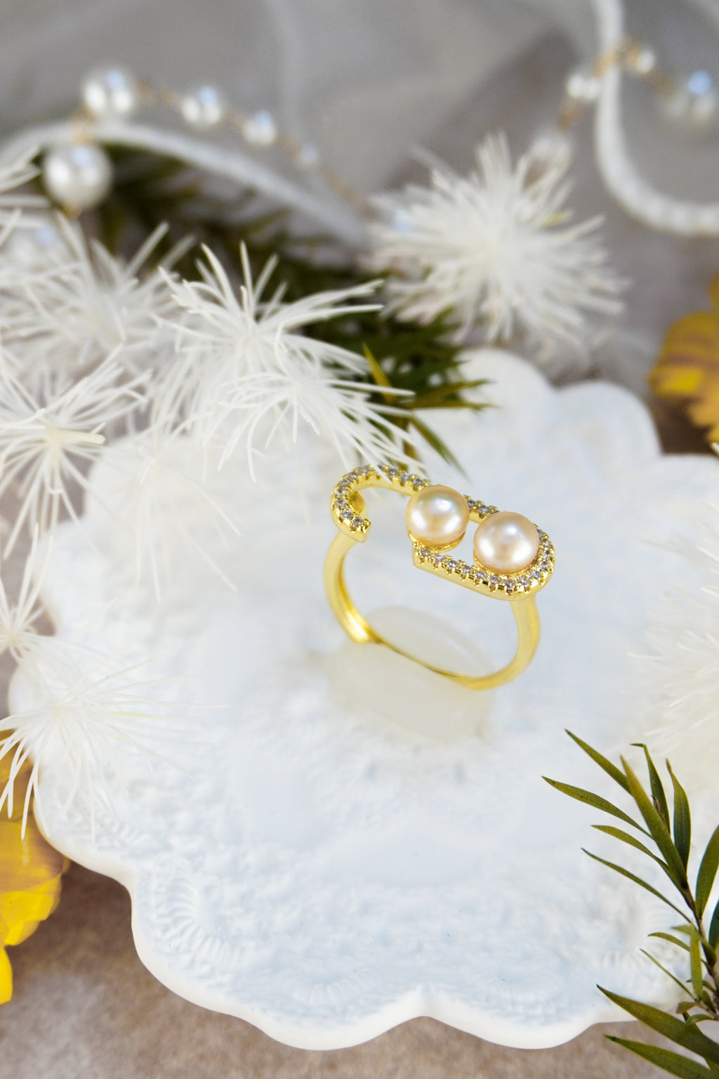 Open C-Shaped Double Gloss Orb Statement Wrap Ring With Sparkling Border Trim For Elegant Daily & Date Stack Styling