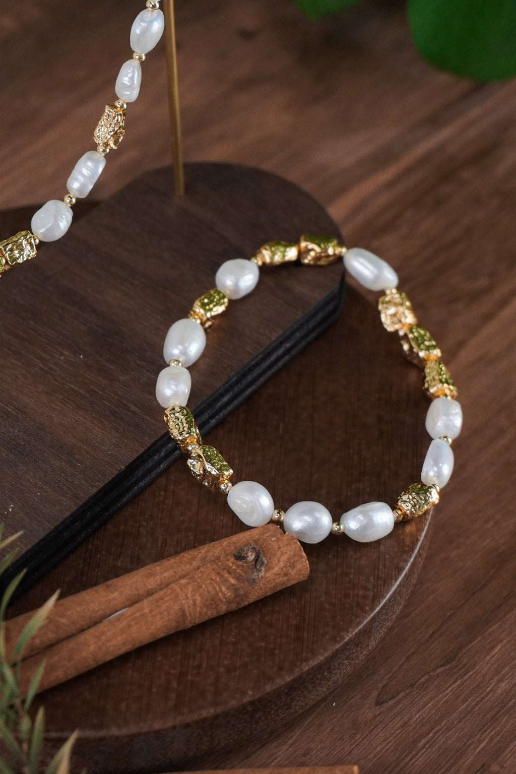 Baroque Pearl & Textured Gold Matching Jewelry Set, Irregular Pearl Necklace & Bracelet for Women