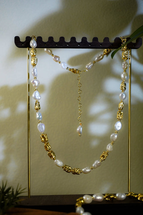 Baroque Pearl & Textured Gold Matching Jewelry Set, Irregular Pearl Necklace & Bracelet for Women