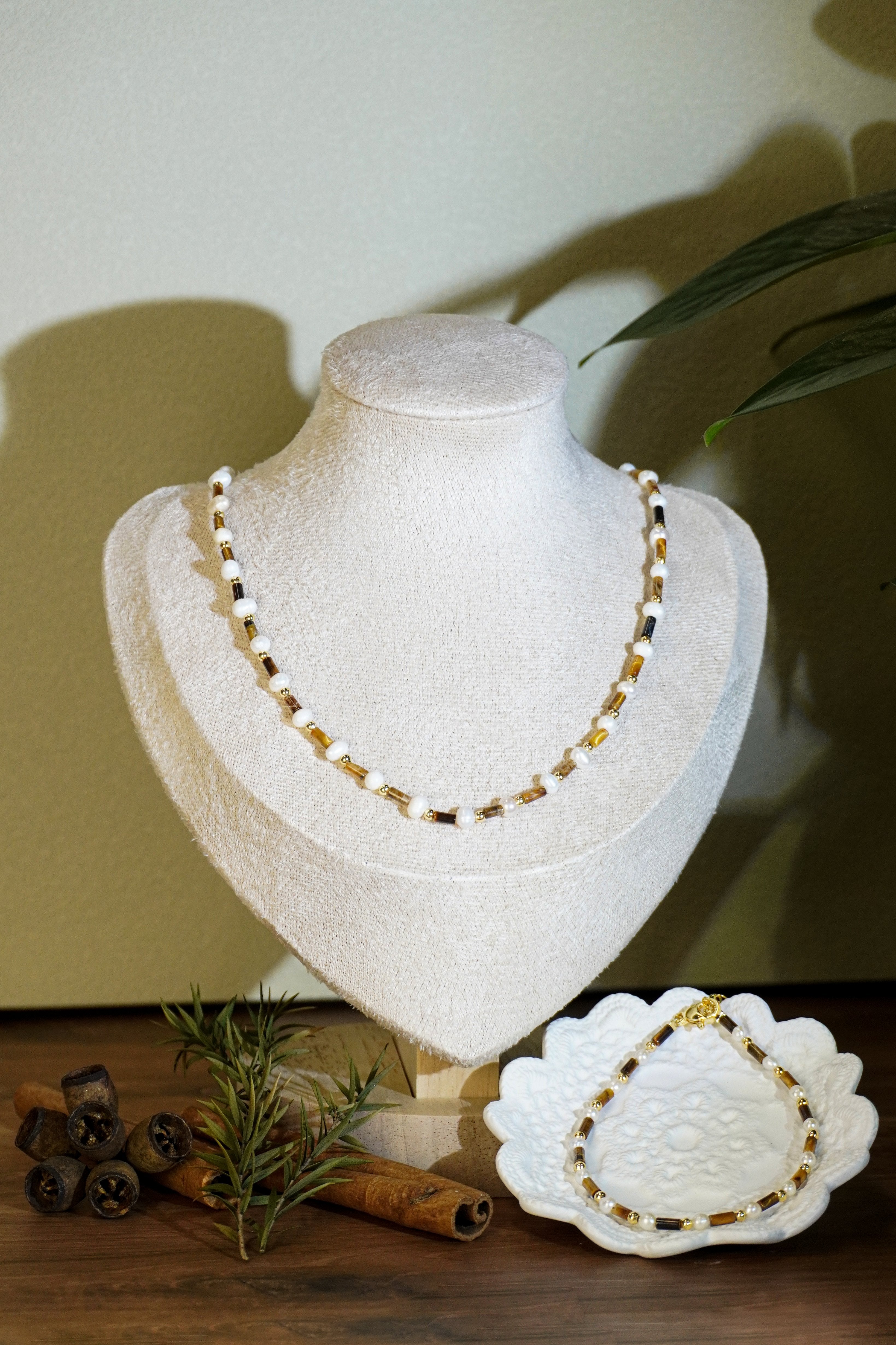 Tiger Eye & Freshwater Pearl Matching Jewelry Set, Dainty Tube Stone Necklace & Stackable Bracelet for Women