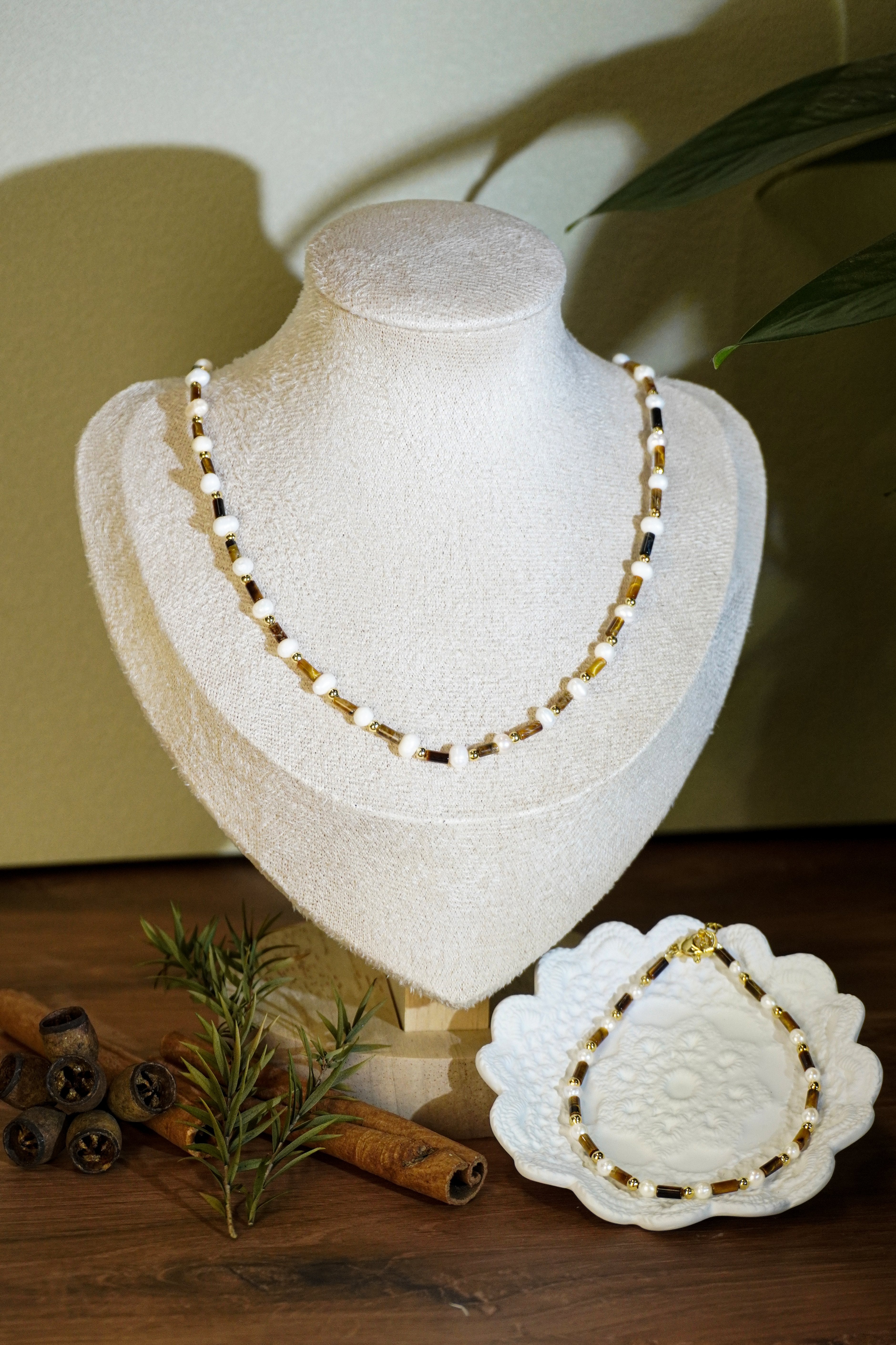 Tiger Eye & Freshwater Pearl Matching Jewelry Set, Dainty Tube Stone Necklace & Stackable Bracelet for Women
