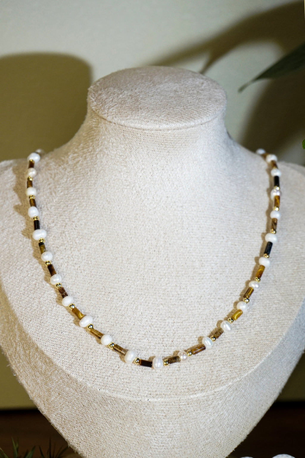 Tiger Eye & Freshwater Pearl Matching Jewelry Set, Dainty Tube Stone Necklace & Stackable Bracelet for Women