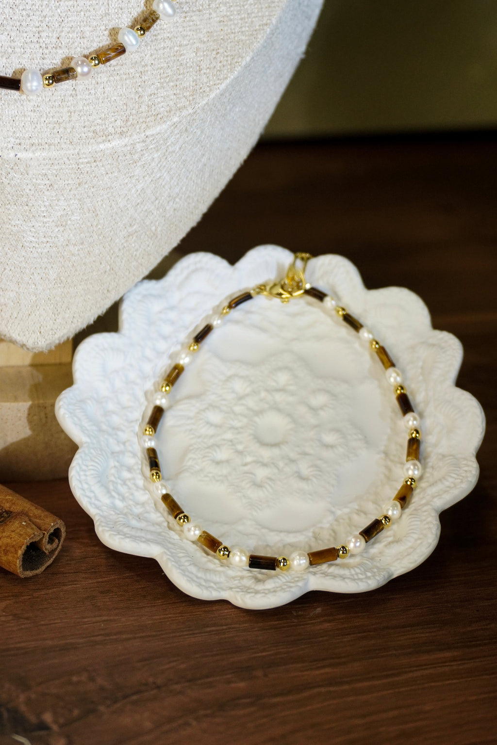 Tiger Eye & Freshwater Pearl Matching Jewelry Set, Dainty Tube Stone Necklace & Stackable Bracelet for Women