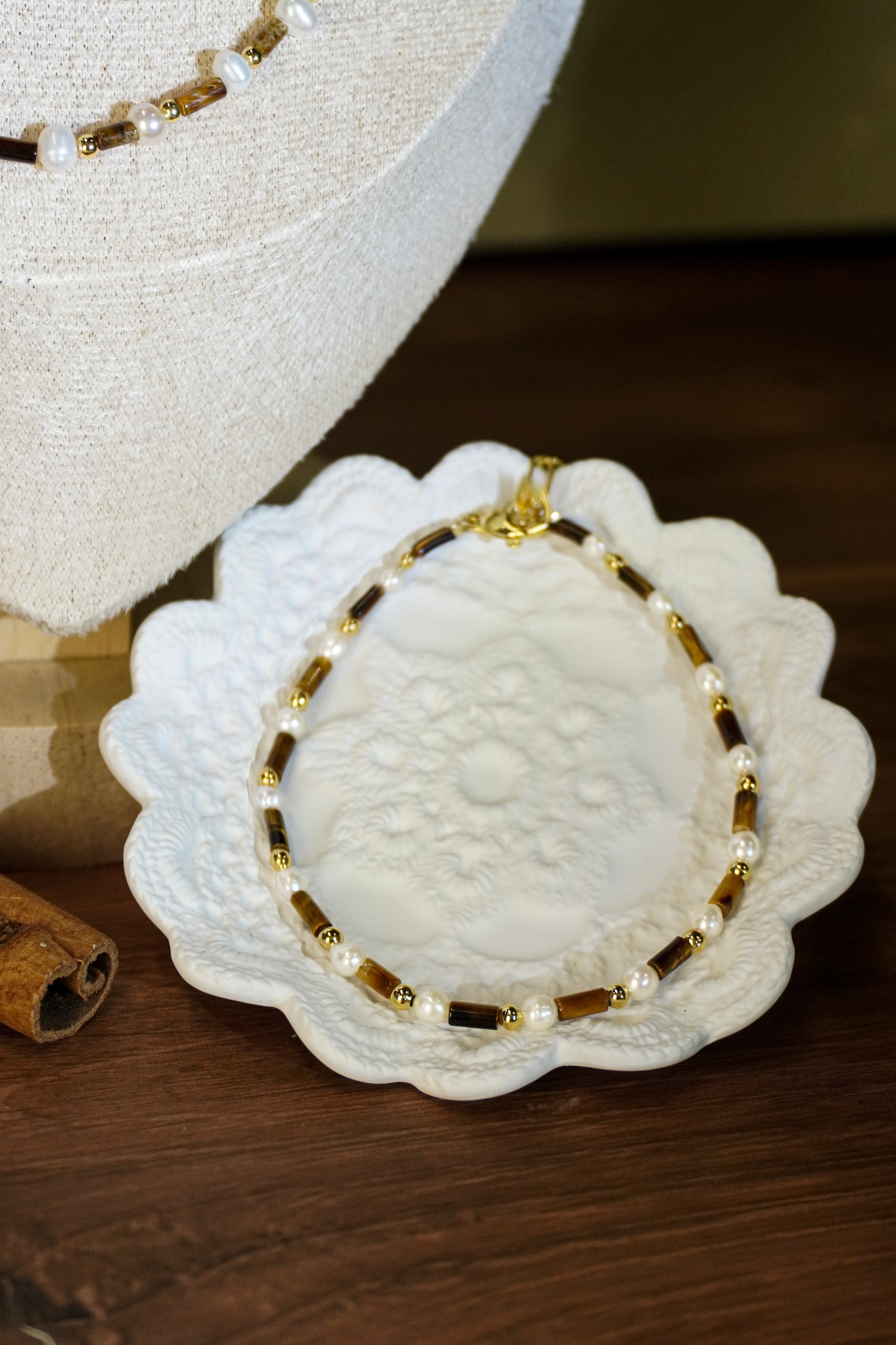 Tiger Eye & Freshwater Pearl Matching Jewelry Set, Dainty Tube Stone Necklace & Stackable Bracelet for Women