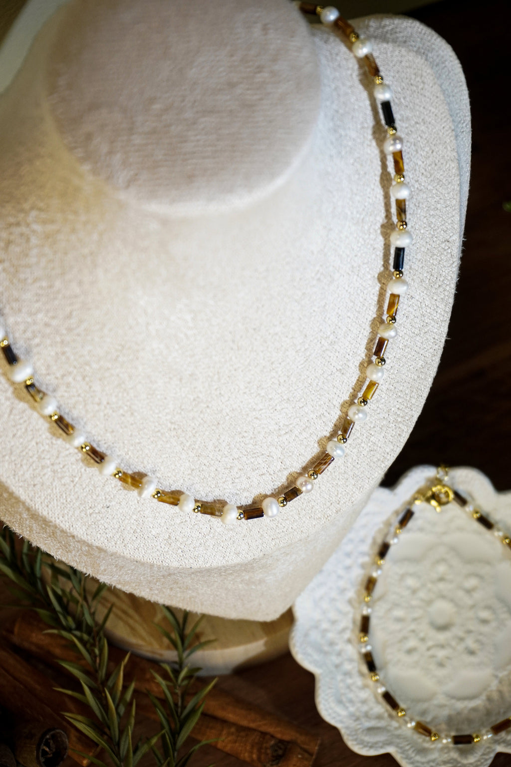 Tiger Eye & Freshwater Pearl Matching Jewelry Set, Dainty Tube Stone Necklace & Stackable Bracelet for Women