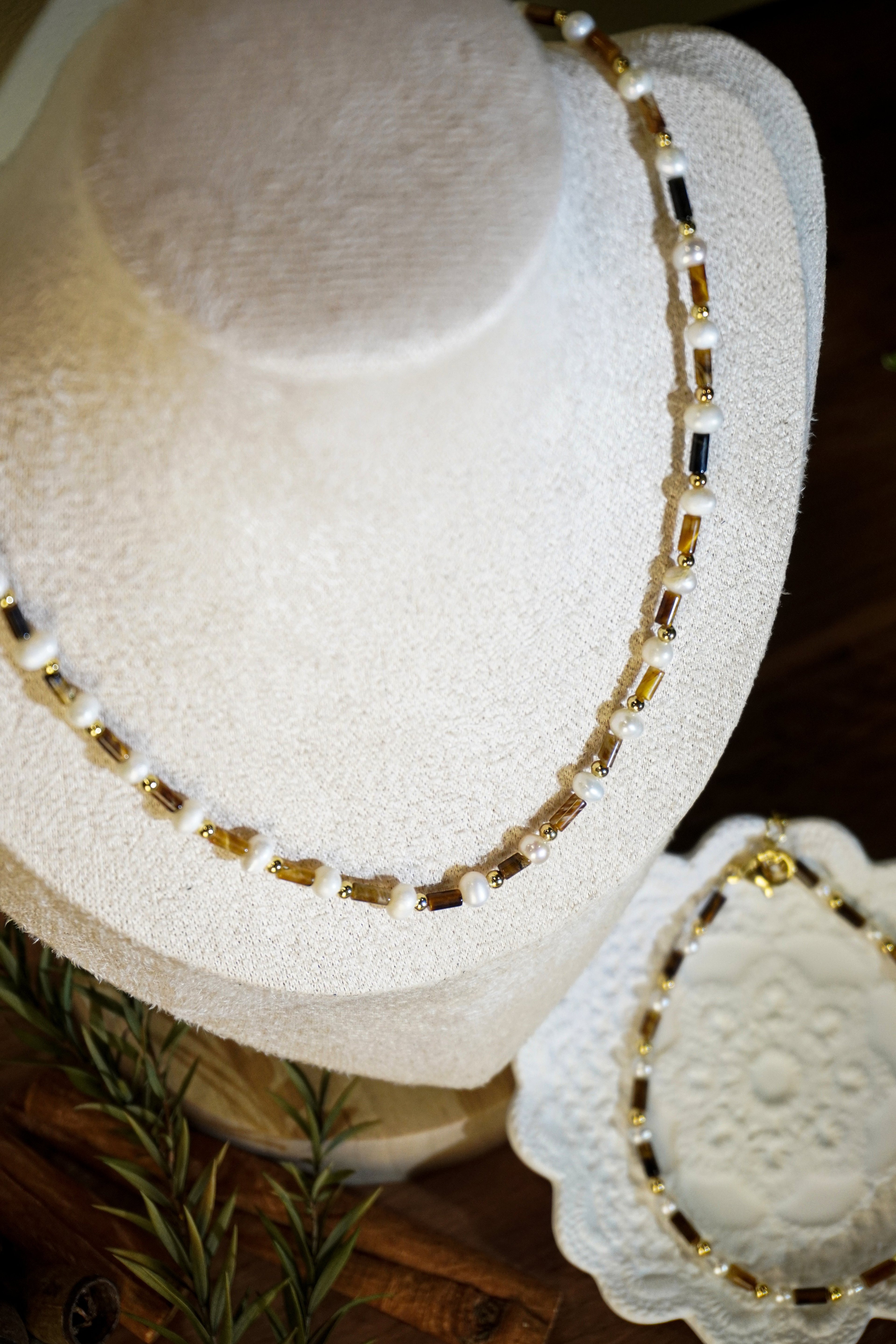 Tiger Eye & Freshwater Pearl Matching Jewelry Set, Dainty Tube Stone Necklace & Stackable Bracelet for Women