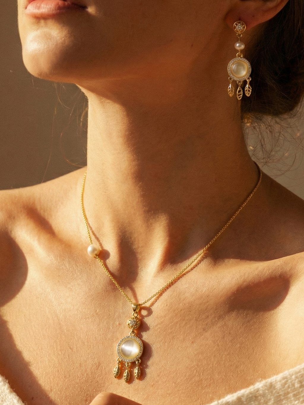 Boho Dreamcatcher Cat’s Eye Pearl Jewelry Matching Set, Gold Leaf Tassel Earrings & Necklace